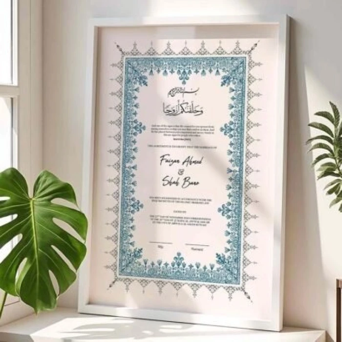 Custom Framed Nikah Nama Turkish Style with Blue Geometric Arch Wood Frame) cover image 3