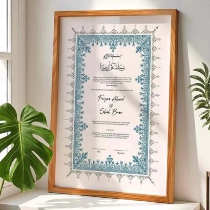 Custom Framed Nikah Nama Turkish Style with Blue Geometric Arch Wood Frame) cover image 4