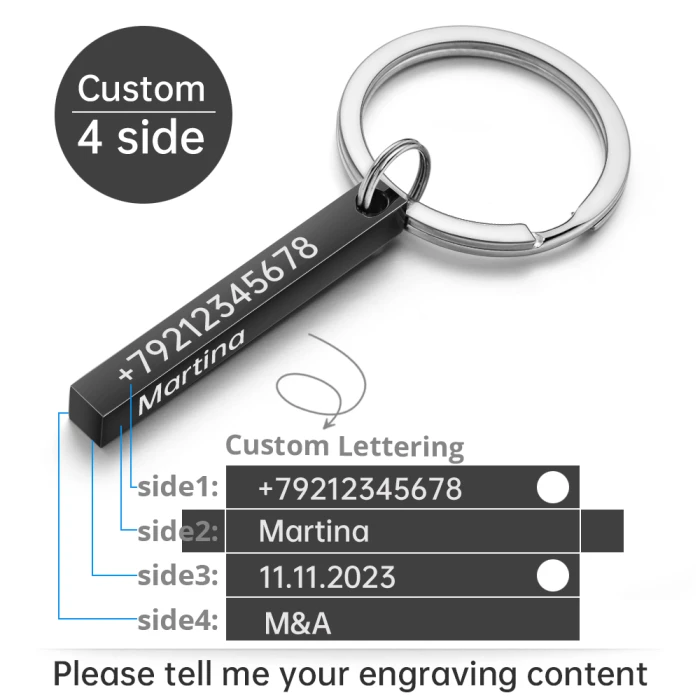 Personalize Keychains 3D Bar Stainless Steel Keyrings 4 Sides Engrave Text Name Date Logo Custom Key Chains Rings Love Gift cover image 2