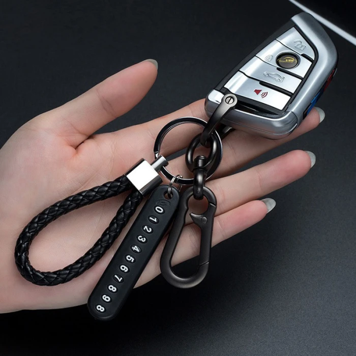Trendy DIY Mobile Number Plate Keychain for Men Woven Leather Car Keychain cover image 3