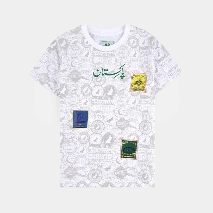 Boys Poly-Cotton Jersey Short Sleeve T-Shirt Stamps of Pakistan (Snow White)